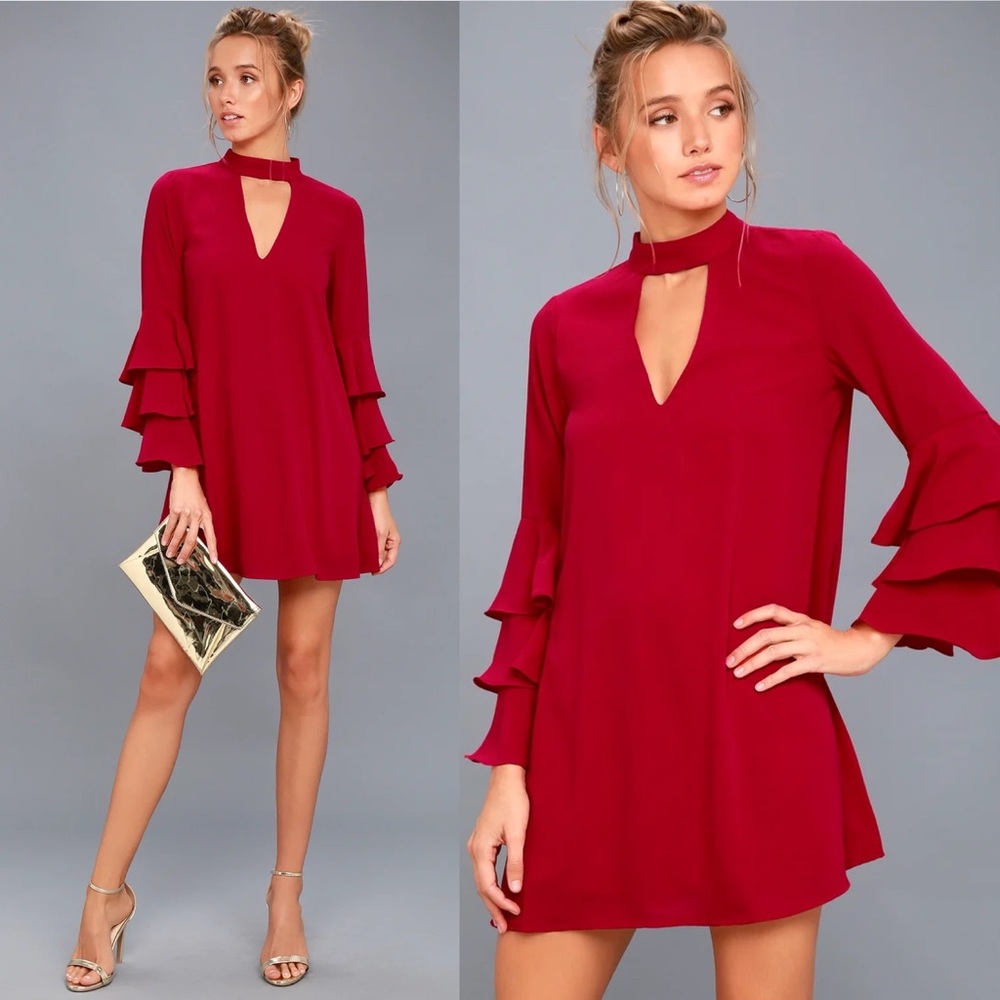 Lulus | Aesthetic Aspirations Red Flounce Sleeve Shift Dress